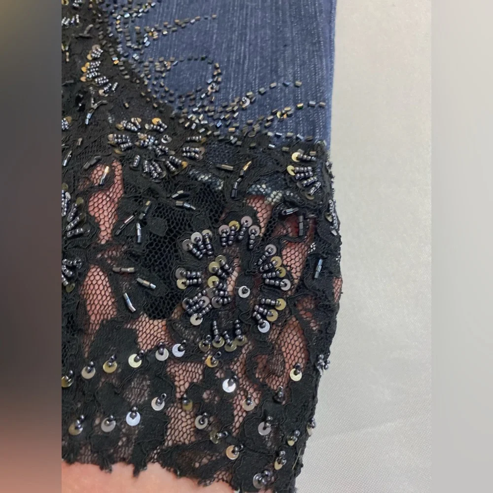 Embellished deep blue denim jeans Sequin Black Lace Embroidered Capri - Picture 9 of 13